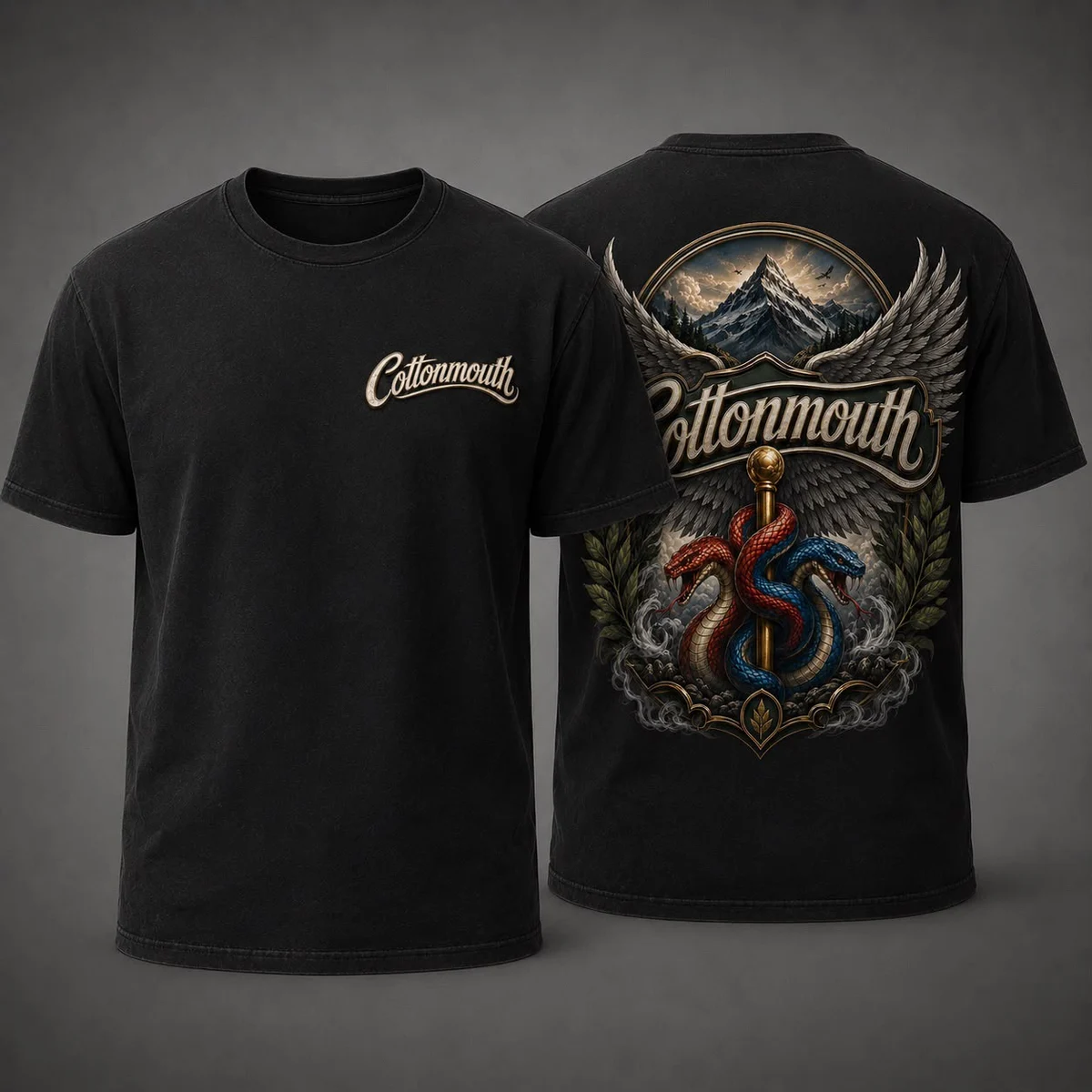 Black Cottonmouth T Shirt shown from the front and back